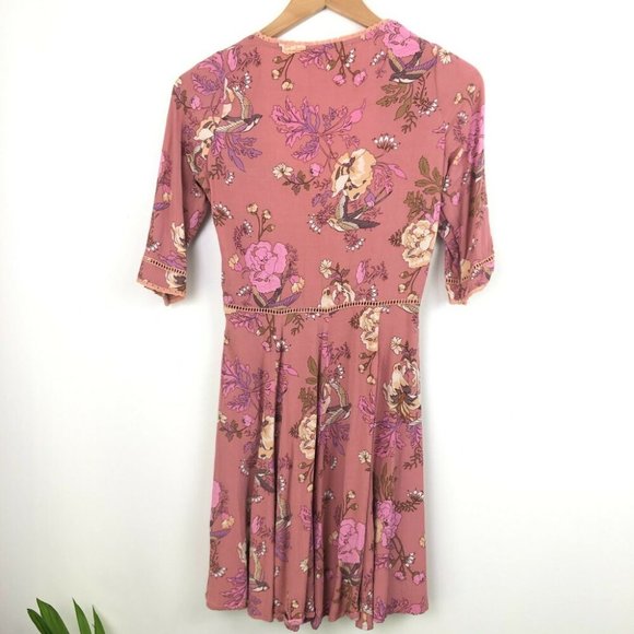 Spell & The Gypsy Rosa Pink Floral Mini Dress Size XS Half Sleeve Lightweight - Picture 7 of 10